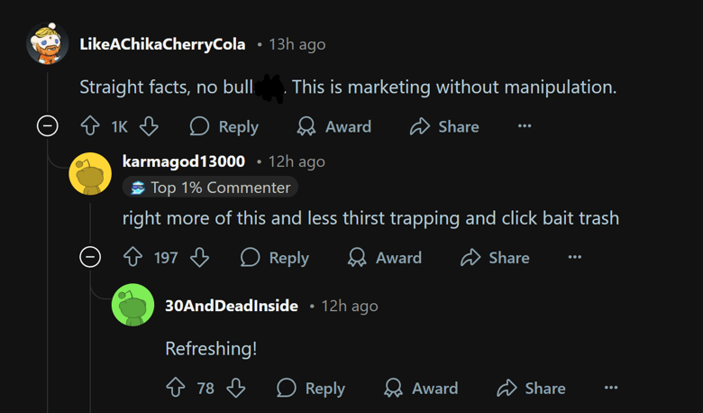 A screen shot of Reddit comments in a thread.